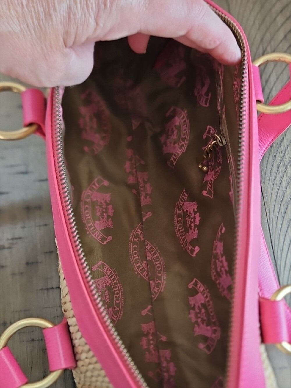 Y2K Juicy Couture Pink Straw Leather Trim Bag with Cherry Charm Coquette Rare - Picture 13 of 16